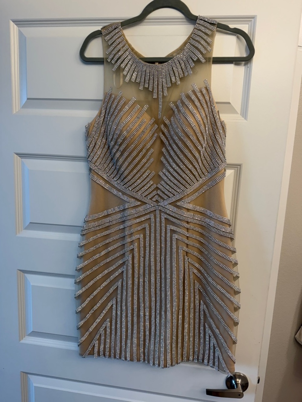 Jovani Nude Mini Dress with Silver Beaded Detailing